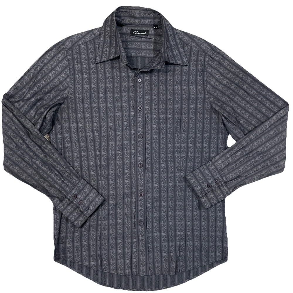 7 Diamonds Medium Long Sleeve Button Up Grey Dress Party Nightlife Shirt